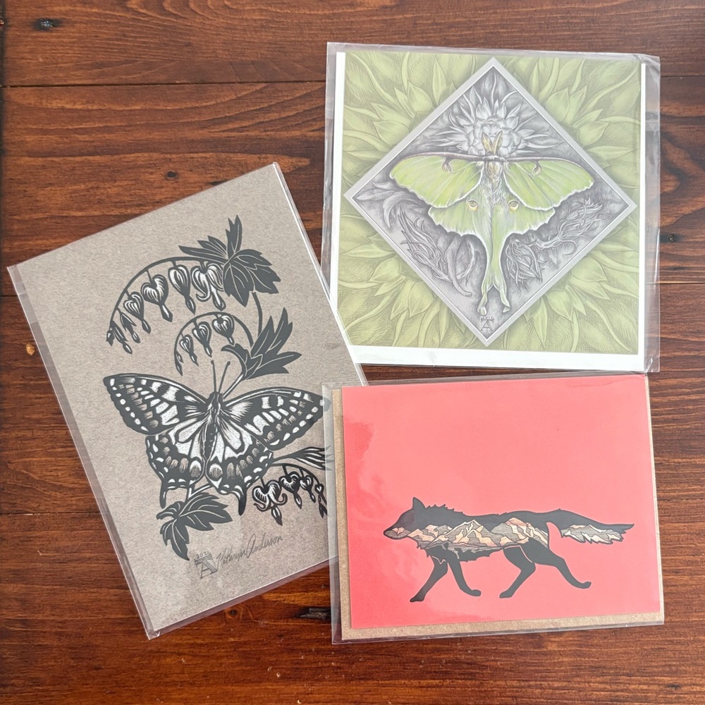 NEW 3pc Woodcut Style Butterfly Moth & Desert Mountains Coyote Handmade Cards
